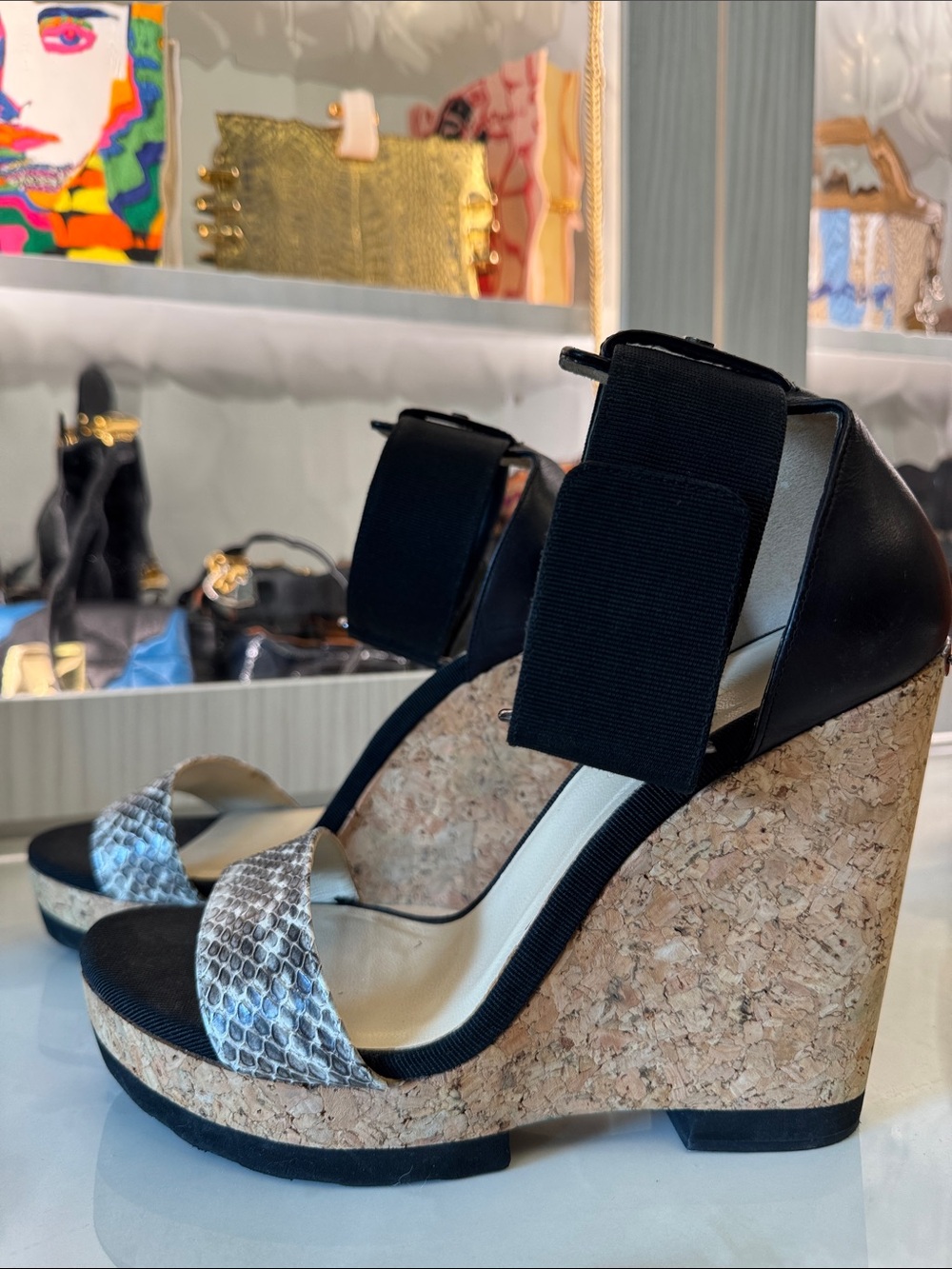 Jimmy Choo Wedge Sandals with Cork Platform and Black Ankle Strap Size 41